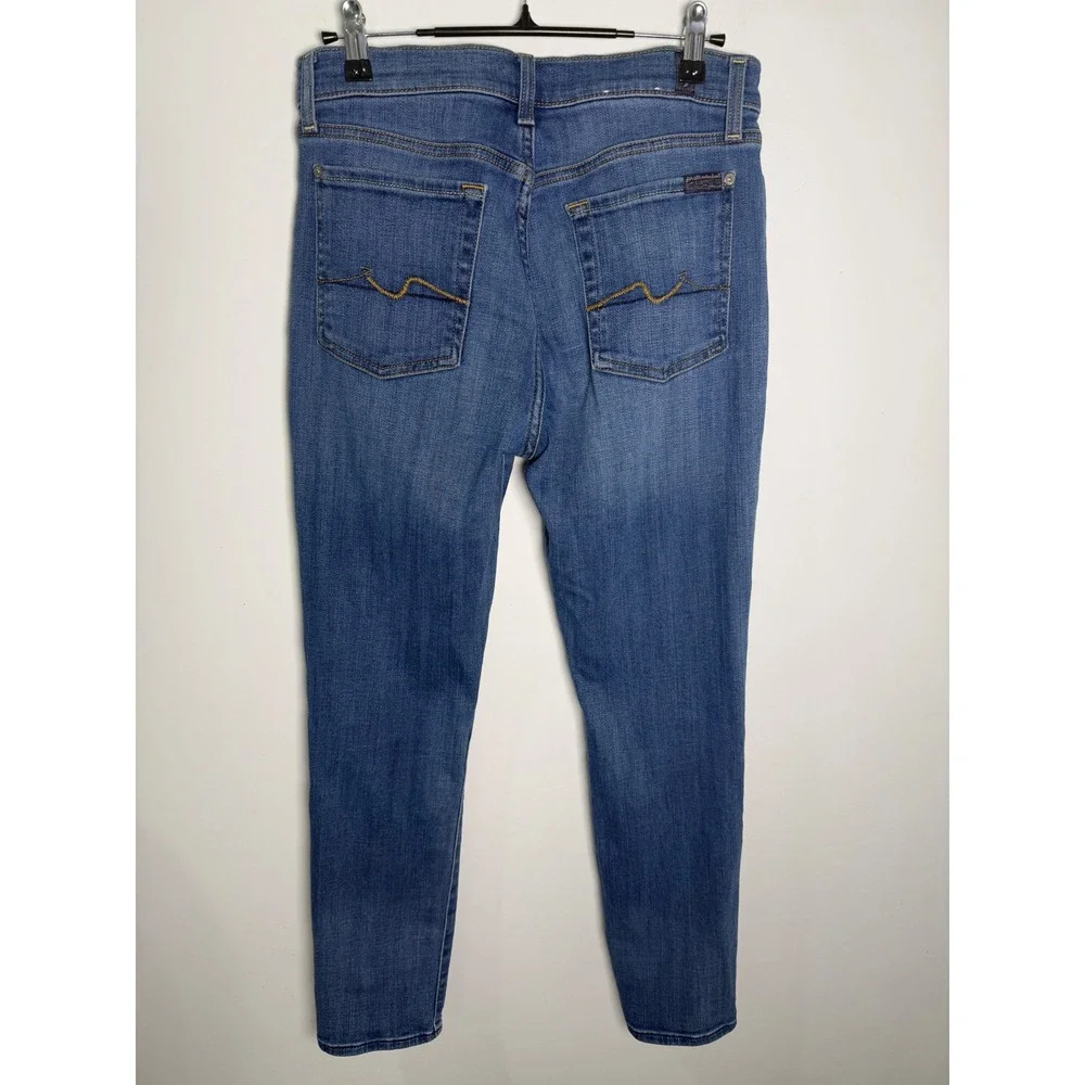 7 For All Mankind Distressed Skinny Jeans Blue Ripped Knee High Rise Size 27‎